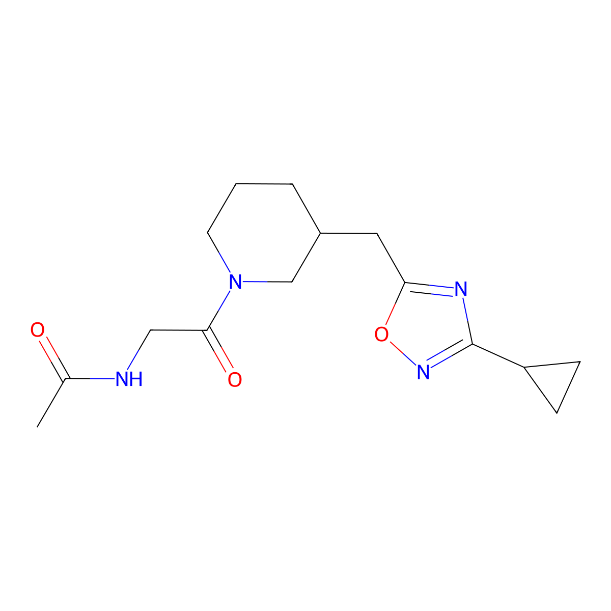 N-(2-(3-((3-cyclopropyl-1,2,4-oxadiazol-5-yl)methyl)piperidin-1-yl)-2-oxoethyl)acetamide molecular structure, CAS 1706102-10-4