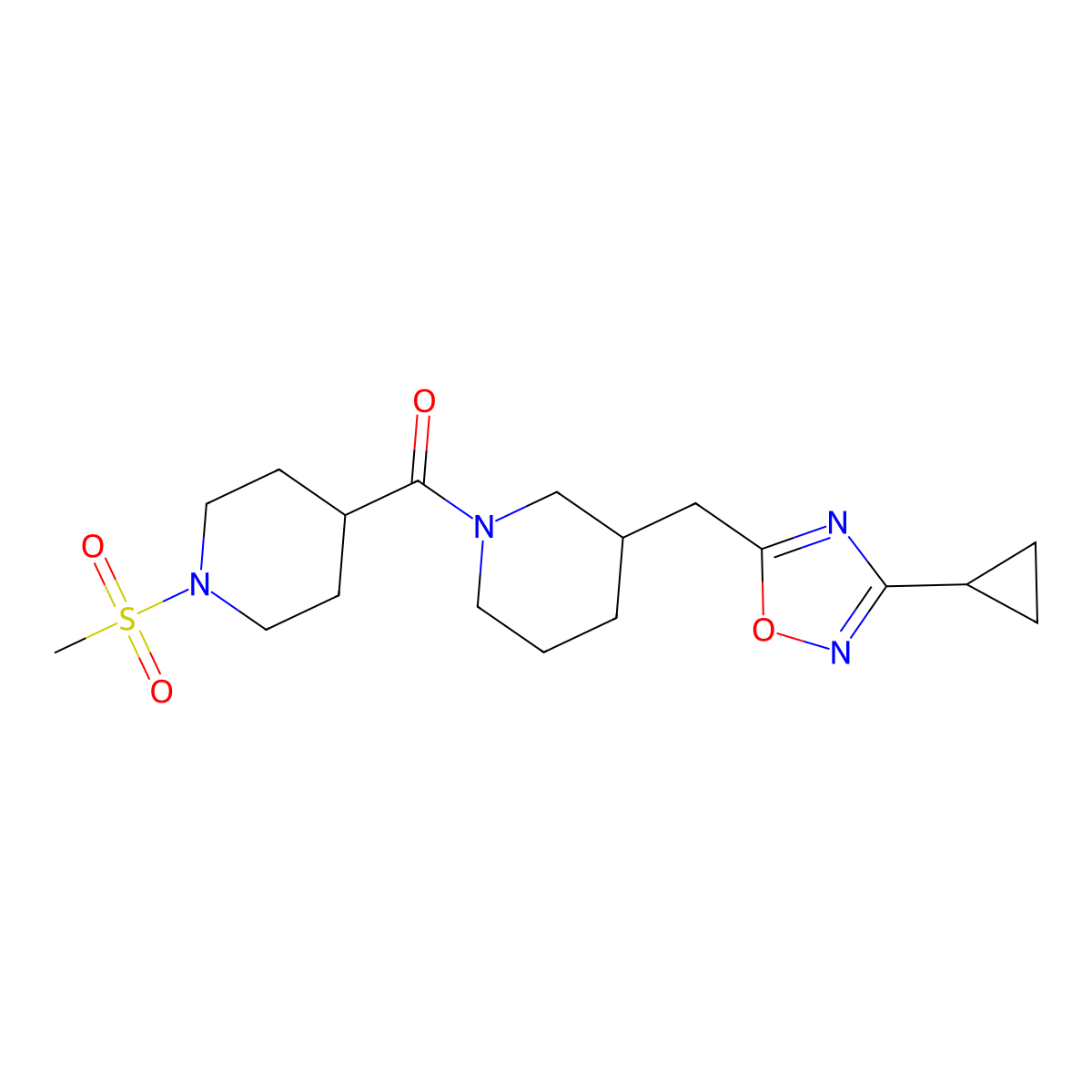 (3-((3-Cyclopropyl-1,2,4-oxadiazol-5-yl)methyl)piperidin-1-yl)(1-(methylsulfonyl)piperidin-4-yl)methanone molecular structure, CAS 1706103-55-0