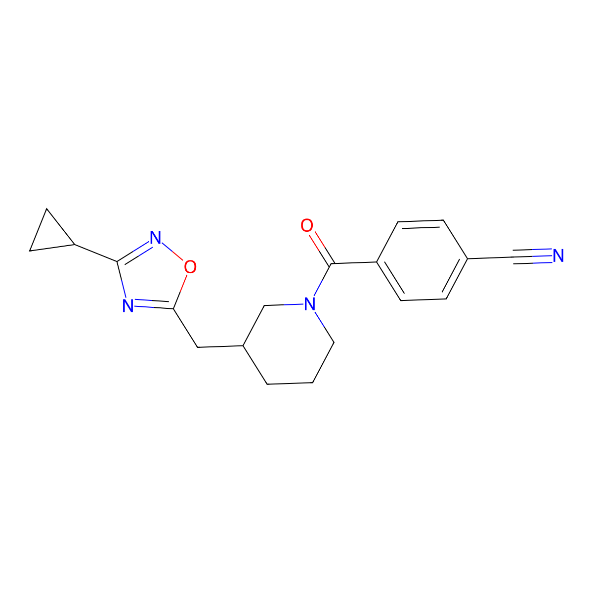 4-(3-((3-Cyclopropyl-1,2,4-oxadiazol-5-yl)methyl)piperidine-1-carbonyl)benzonitrile molecular structure, CAS 1706103-63-0