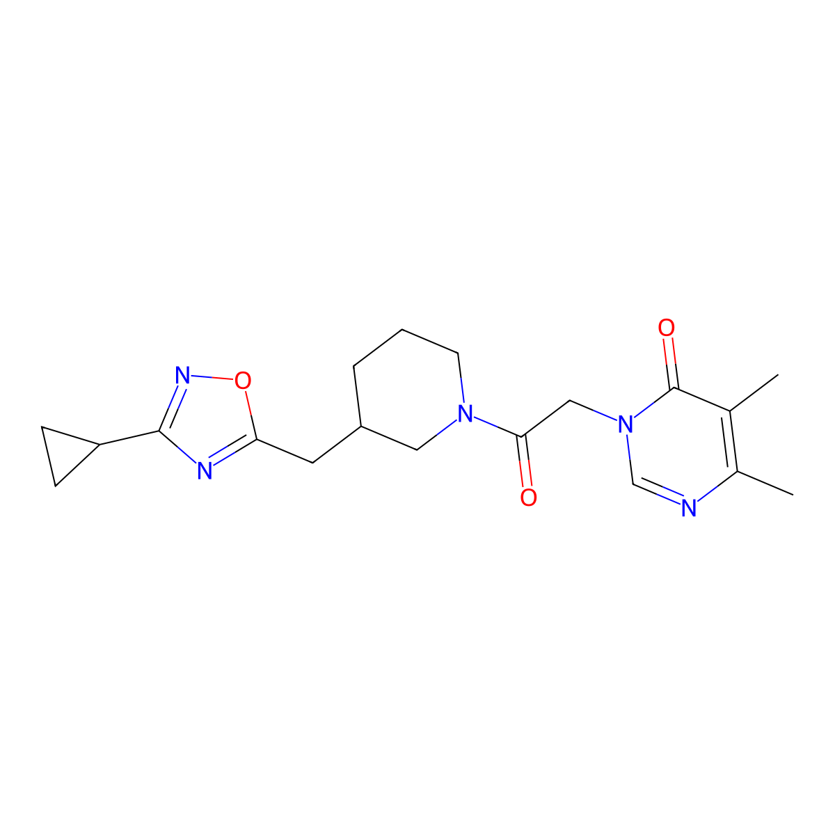 3-(2-(3-((3-cyclopropyl-1,2,4-oxadiazol-5-yl)methyl)piperidin-1-yl)-2-oxoethyl)-5,6-dimethylpyrimidin-4(3H)-one molecular structure, CAS 1706104-25-7