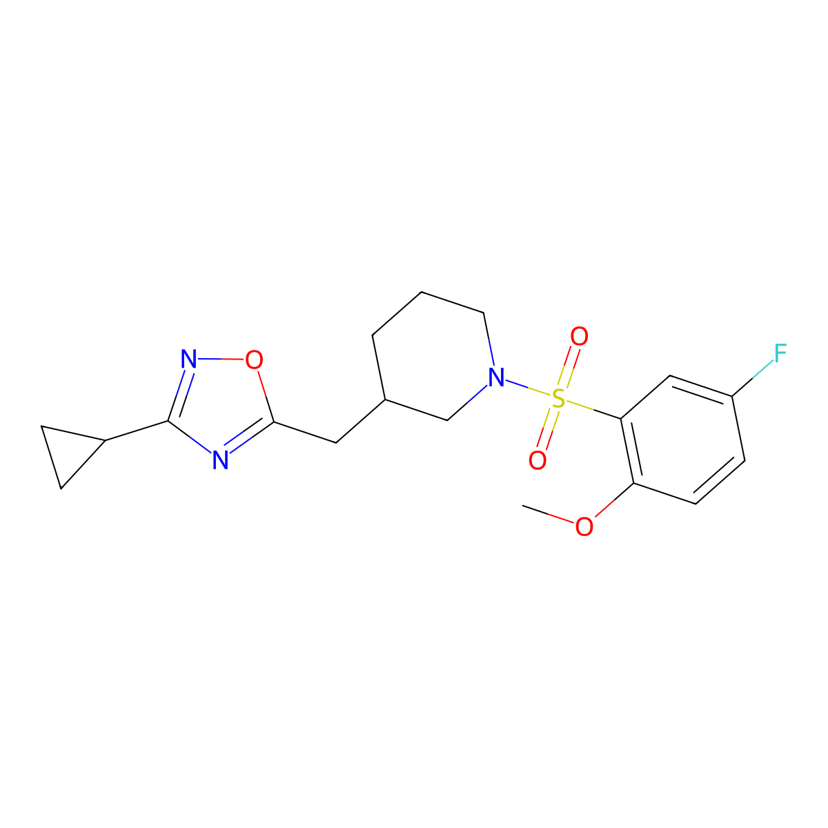 3-Cyclopropyl-5-((1-((5-fluoro-2-methoxyphenyl)sulfonyl)piperidin-3-yl)methyl)-1,2,4-oxadiazole molecular structure, CAS 1706104-42-8