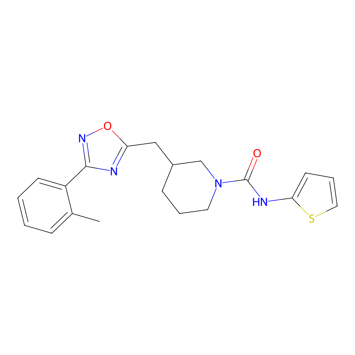 N-(thiophen-2-yl)-3-((3-(o-tolyl)-1,2,4-oxadiazol-5-yl)methyl)piperidine-1-carboxamide molecular structure, CAS 1706104-61-1