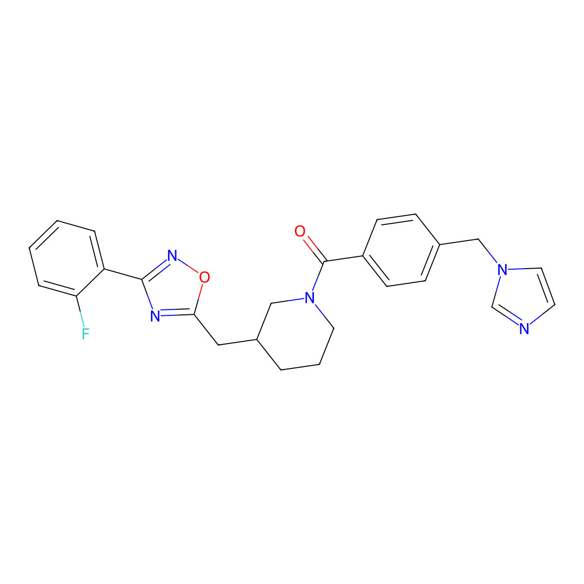 (4-((1H-imidazol-1-yl)methyl)phenyl)(3-((3-(2-fluorophenyl)-1,2,4-oxadiazol-5-yl)methyl)piperidin-1-yl)methanone molecular structure, CAS 1706105-05-6
