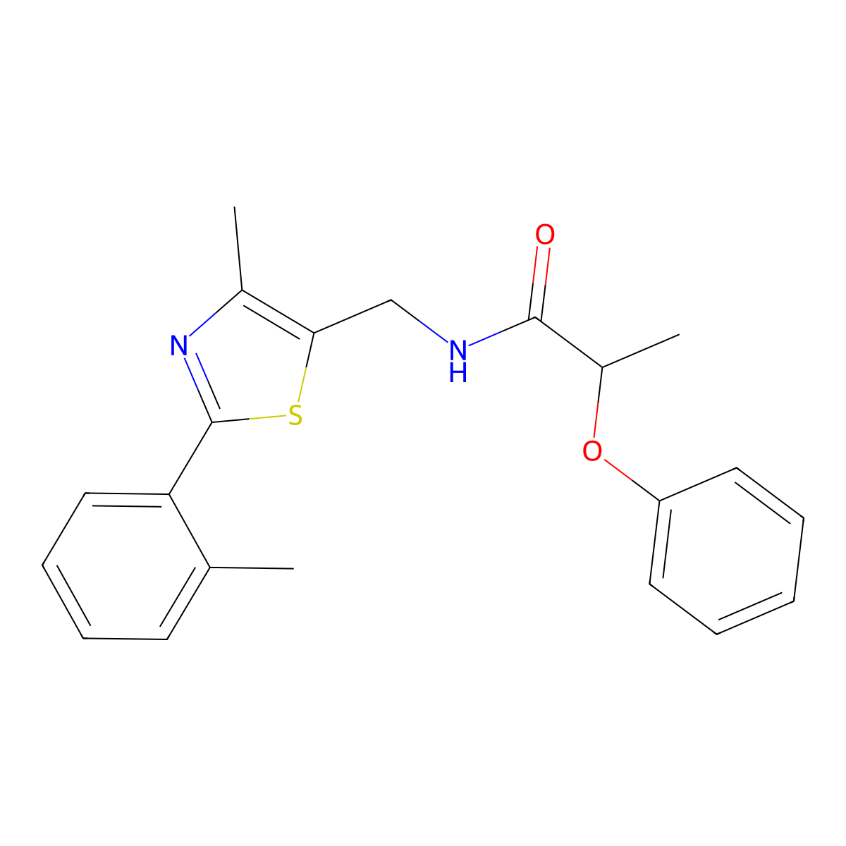 N-((4-methyl-2-(o-tolyl)thiazol-5-yl)methyl)-2-phenoxypropanamide molecular structure, CAS 1706105-30-7