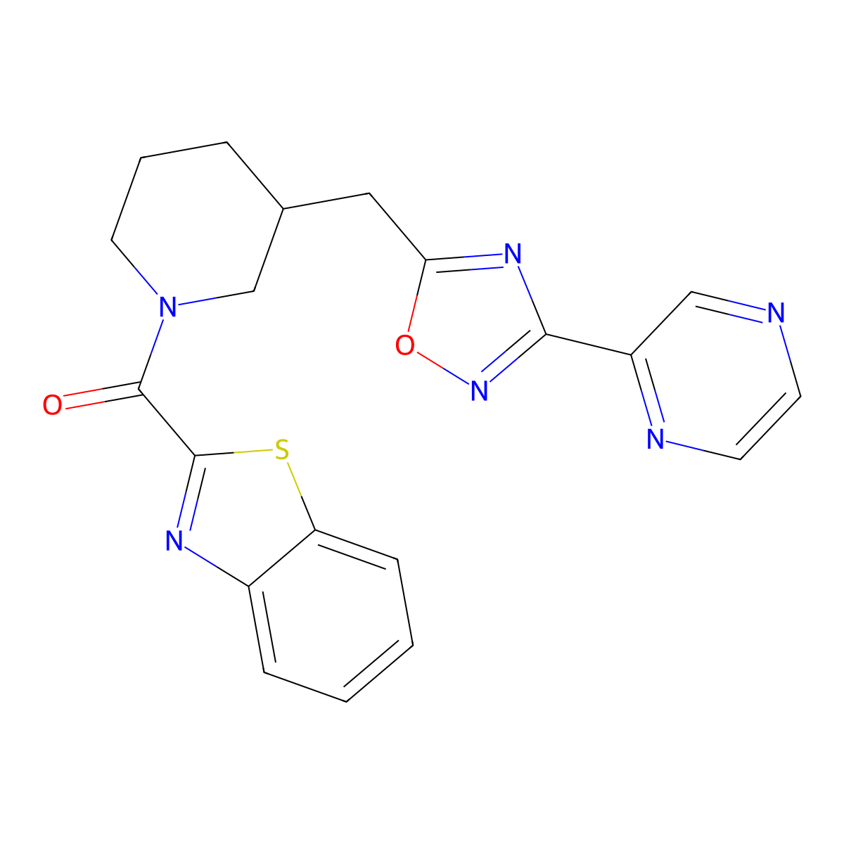 Benzo[d]thiazol-2-yl(3-((3-(pyrazin-2-yl)-1,2,4-oxadiazol-5-yl)methyl)piperidin-1-yl)methanone molecular structure, CAS 1706105-31-8