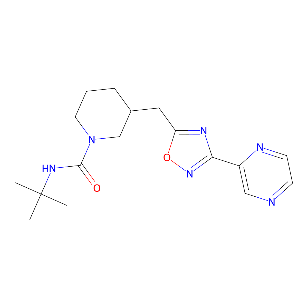 N-(tert-butyl)-3-((3-(pyrazin-2-yl)-1,2,4-oxadiazol-5-yl)methyl)piperidine-1-carboxamide molecular structure, CAS 1706105-49-8