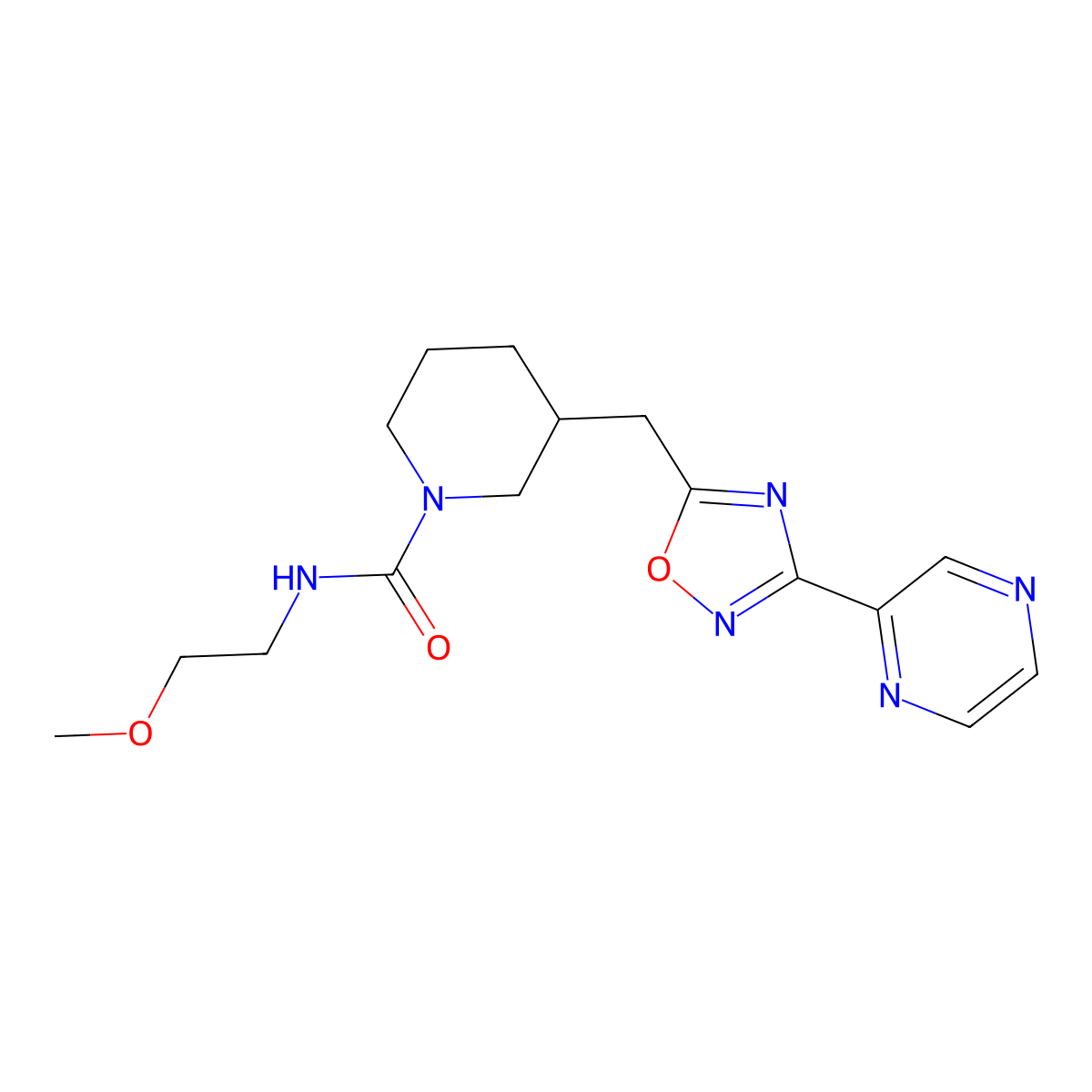 N-(2-methoxyethyl)-3-{[3-(pyrazin-2-yl)-1,2,4-oxadiazol-5-yl]methyl}piperidine-1-carboxamide molecular structure, CAS 1706105-65-8