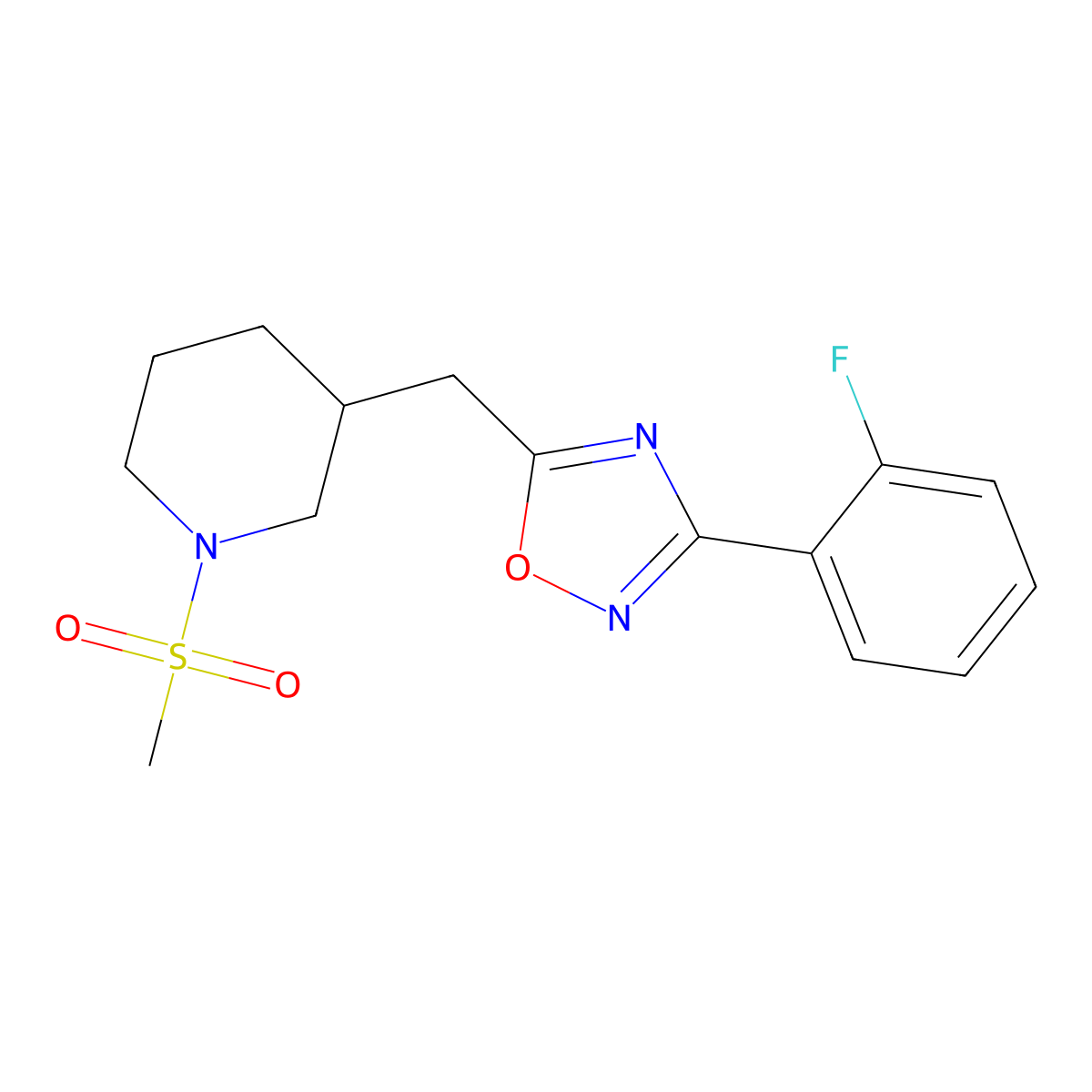 3-(2-Fluorophenyl)-5-((1-(methylsulfonyl)piperidin-3-yl)methyl)-1,2,4-oxadiazole molecular structure, CAS 1706105-69-2