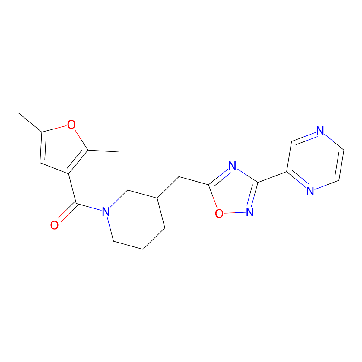 (2,5-Dimethylfuran-3-yl)(3-((3-(pyrazin-2-yl)-1,2,4-oxadiazol-5-yl)methyl)piperidin-1-yl)methanone molecular structure, CAS 1706105-72-7