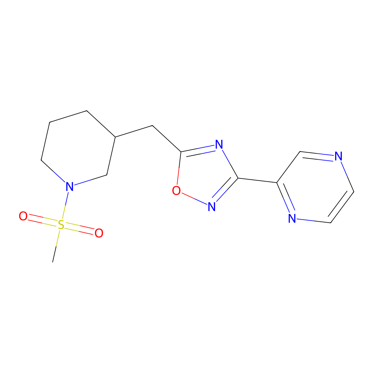 5-((1-(Methylsulfonyl)piperidin-3-yl)methyl)-3-(pyrazin-2-yl)-1,2,4-oxadiazole molecular structure, CAS 1706105-81-8