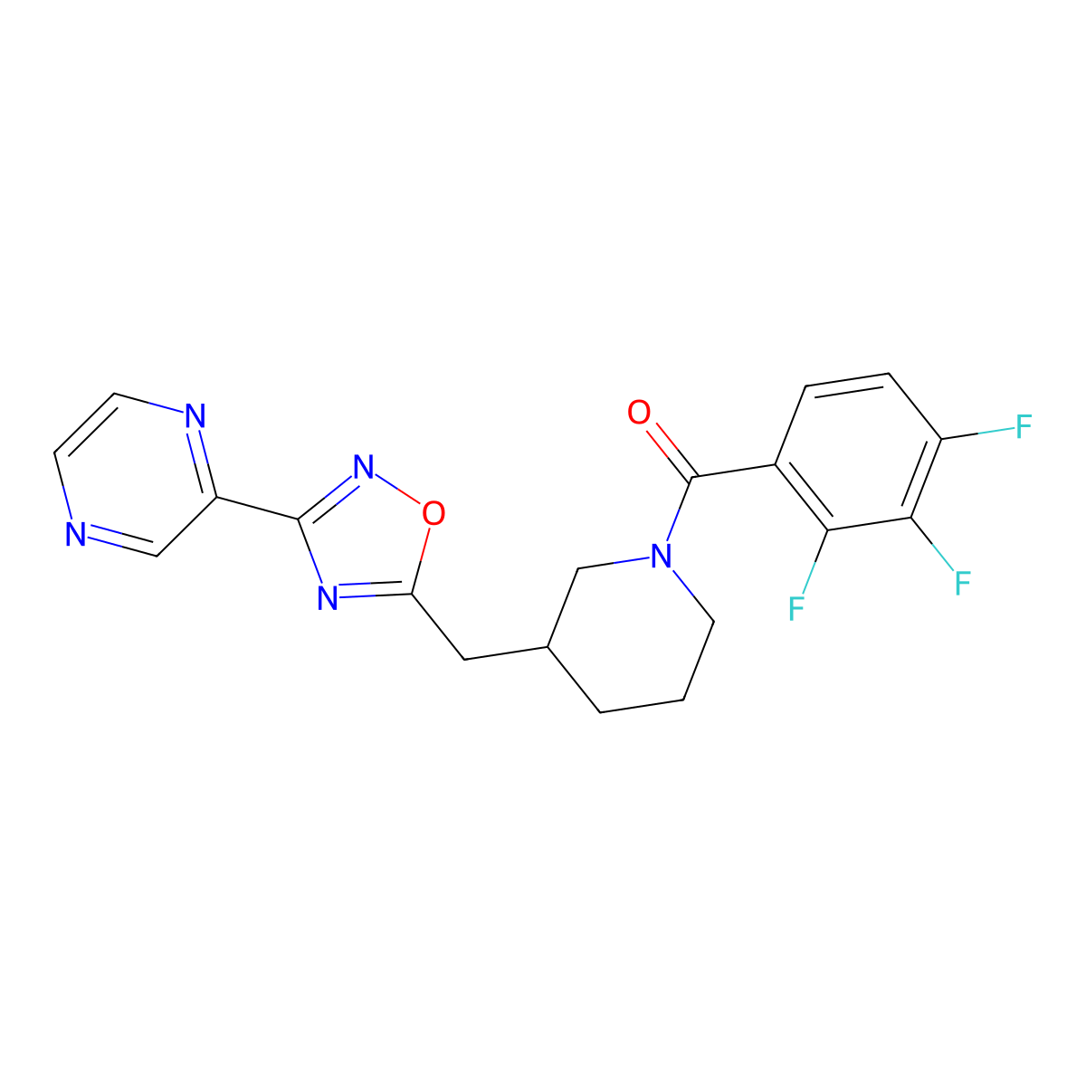 (3-((3-(Pyrazin-2-yl)-1,2,4-oxadiazol-5-yl)methyl)piperidin-1-yl)(2,3,4-trifluorophenyl)methanone molecular structure, CAS 1706106-00-4