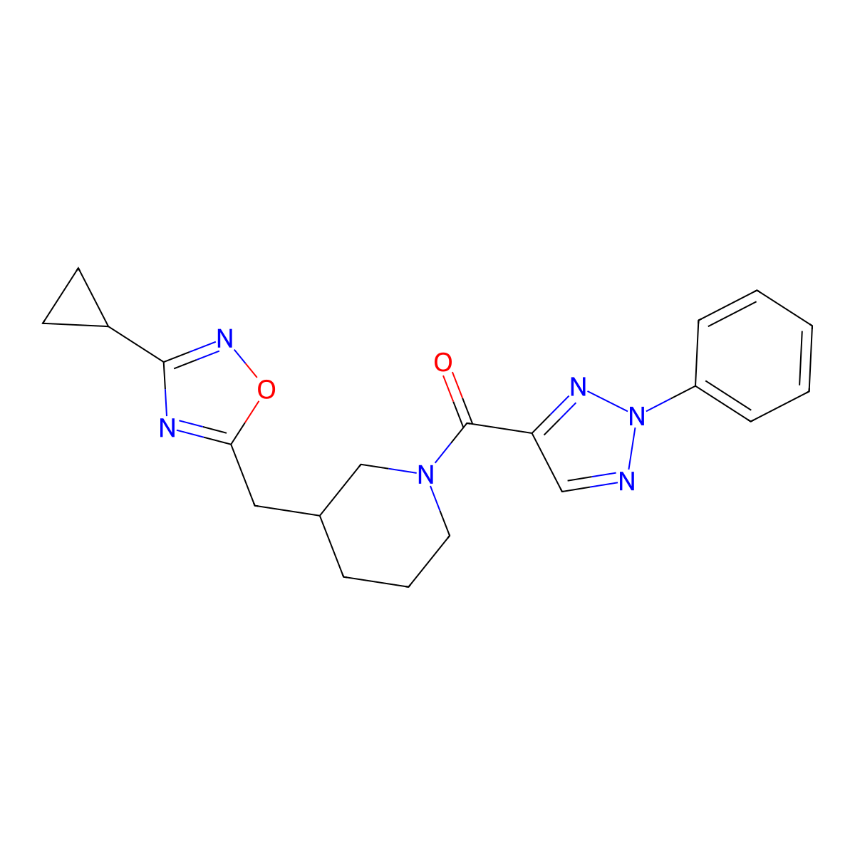 (3-((3-cyclopropyl-1,2,4-oxadiazol-5-yl)methyl)piperidin-1-yl)(2-phenyl-2H-1,2,3-triazol-4-yl)methanone molecular structure, CAS 1706106-02-6