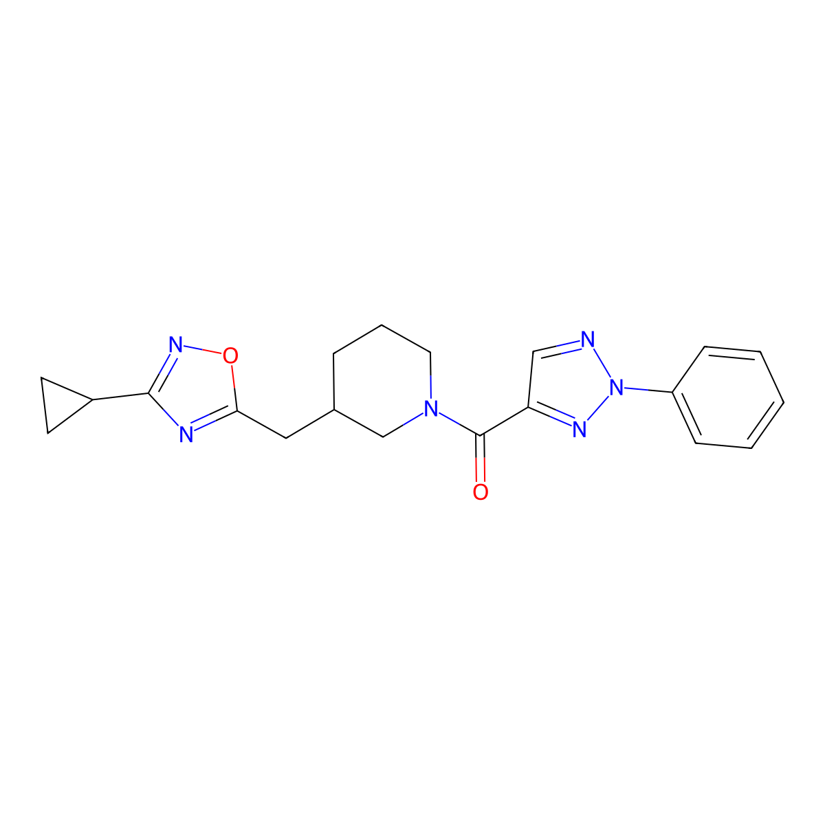 (3-((3-cyclopropyl-1,2,4-oxadiazol-5-yl)methyl)piperidin-1-yl)(2-phenyl-2H-1,2,3-triazol-4-yl)methanone molecular structure, CAS 1706106-02-6
