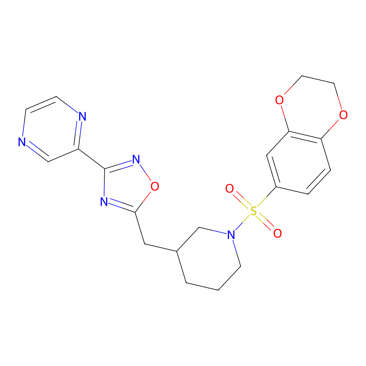 5-((1-((2,3-Dihydrobenzo[b][1,4]dioxin-6-yl)sulfonyl)piperidin-3-yl)methyl)-3-(pyrazin-2-yl)-1,2,4-oxadiazole molecular structure, CAS 1706106-05-9