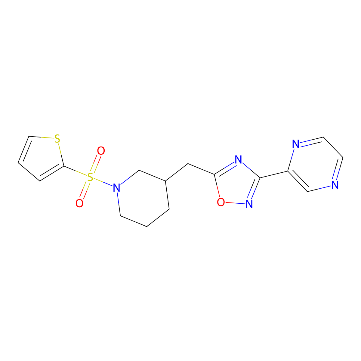 3-(Pyrazin-2-yl)-5-((1-(thiophen-2-ylsulfonyl)piperidin-3-yl)methyl)-1,2,4-oxadiazole molecular structure, CAS 1706106-13-9