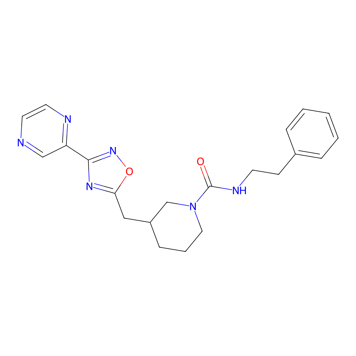 N-phenethyl-3-((3-(pyrazin-2-yl)-1,2,4-oxadiazol-5-yl)methyl)piperidine-1-carboxamide molecular structure, CAS 1706106-14-0
