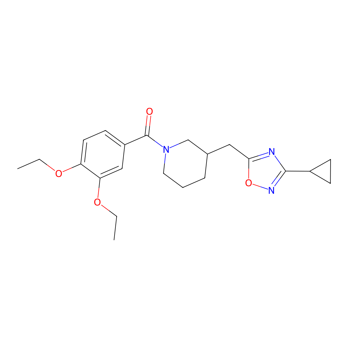 (3-((3-Cyclopropyl-1,2,4-oxadiazol-5-yl)methyl)piperidin-1-yl)(3,4-diethoxyphenyl)methanone molecular structure, CAS 1706106-18-4