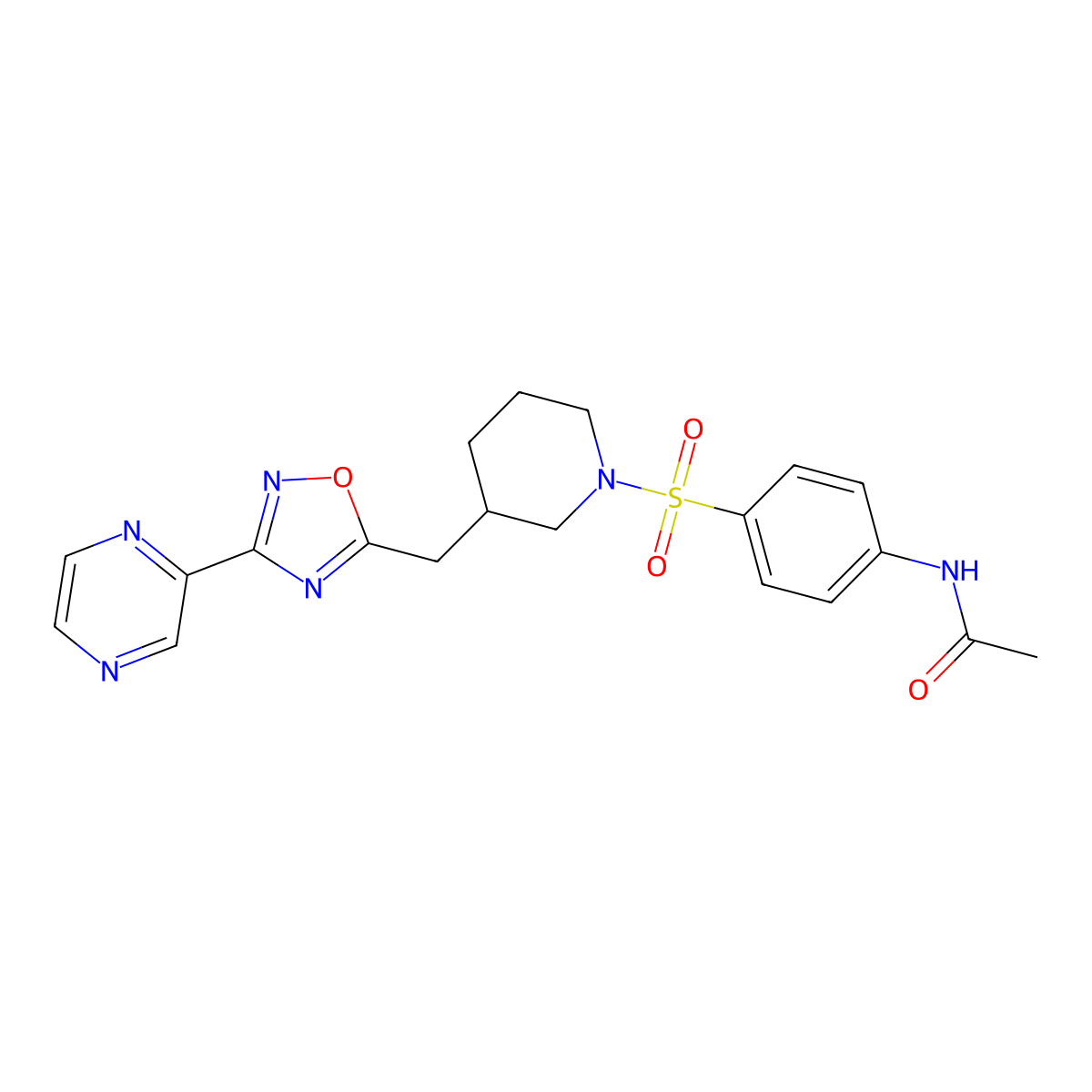N-{4-[(3-{[3-(pyrazin-2-yl)-1,2,4-oxadiazol-5-yl]methyl}piperidin-1-yl)sulfonyl]phenyl}acetamide molecular structure, CAS 1706106-26-4