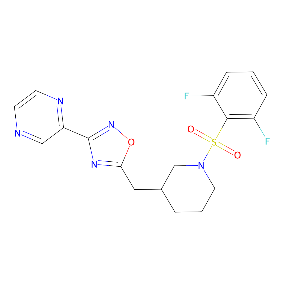 5-((1-((2,6-Difluorophenyl)sulfonyl)piperidin-3-yl)methyl)-3-(pyrazin-2-yl)-1,2,4-oxadiazole molecular structure, CAS 1706106-28-6