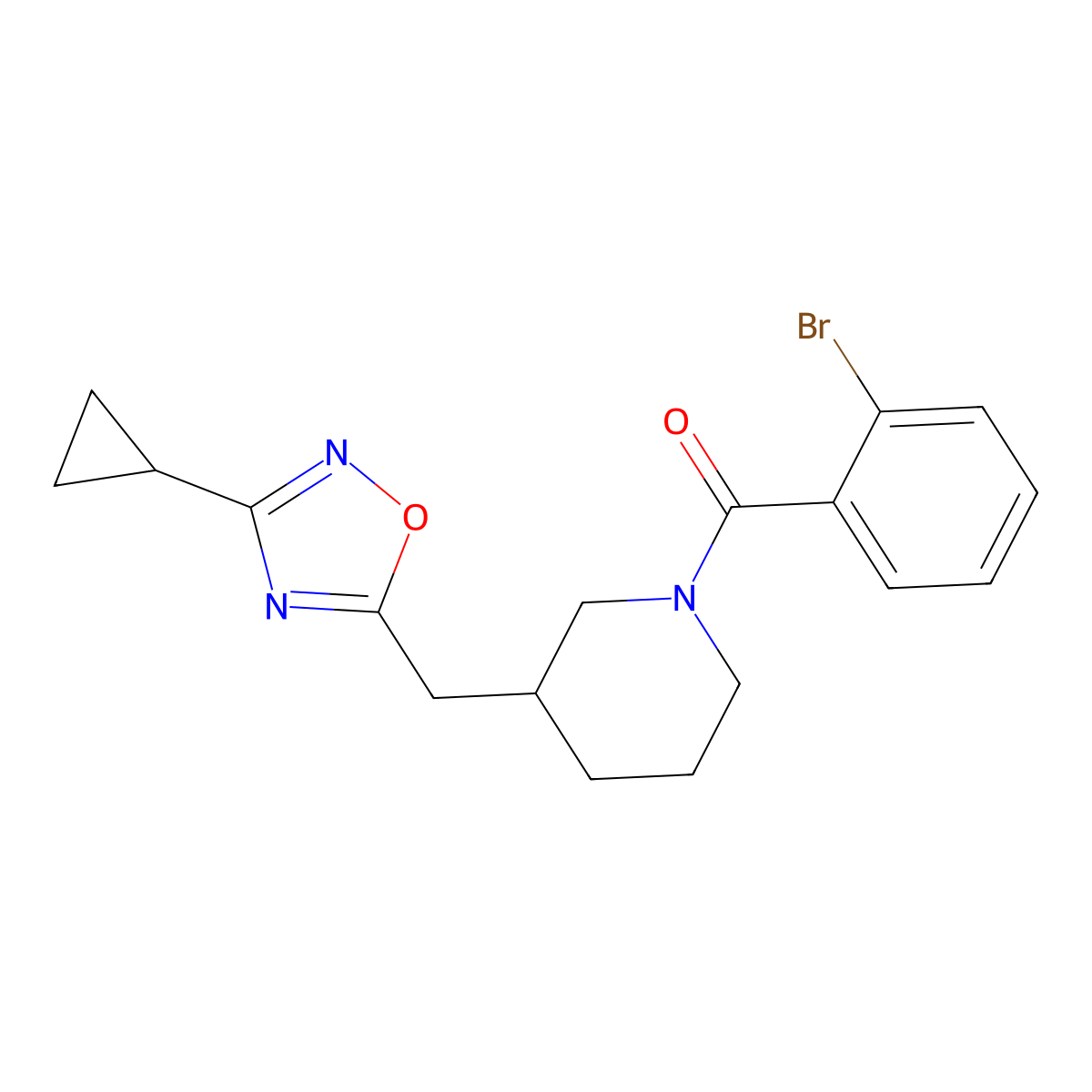 (2-Bromophenyl)(3-((3-cyclopropyl-1,2,4-oxadiazol-5-yl)methyl)piperidin-1-yl)methanone molecular structure, CAS 1706106-30-0