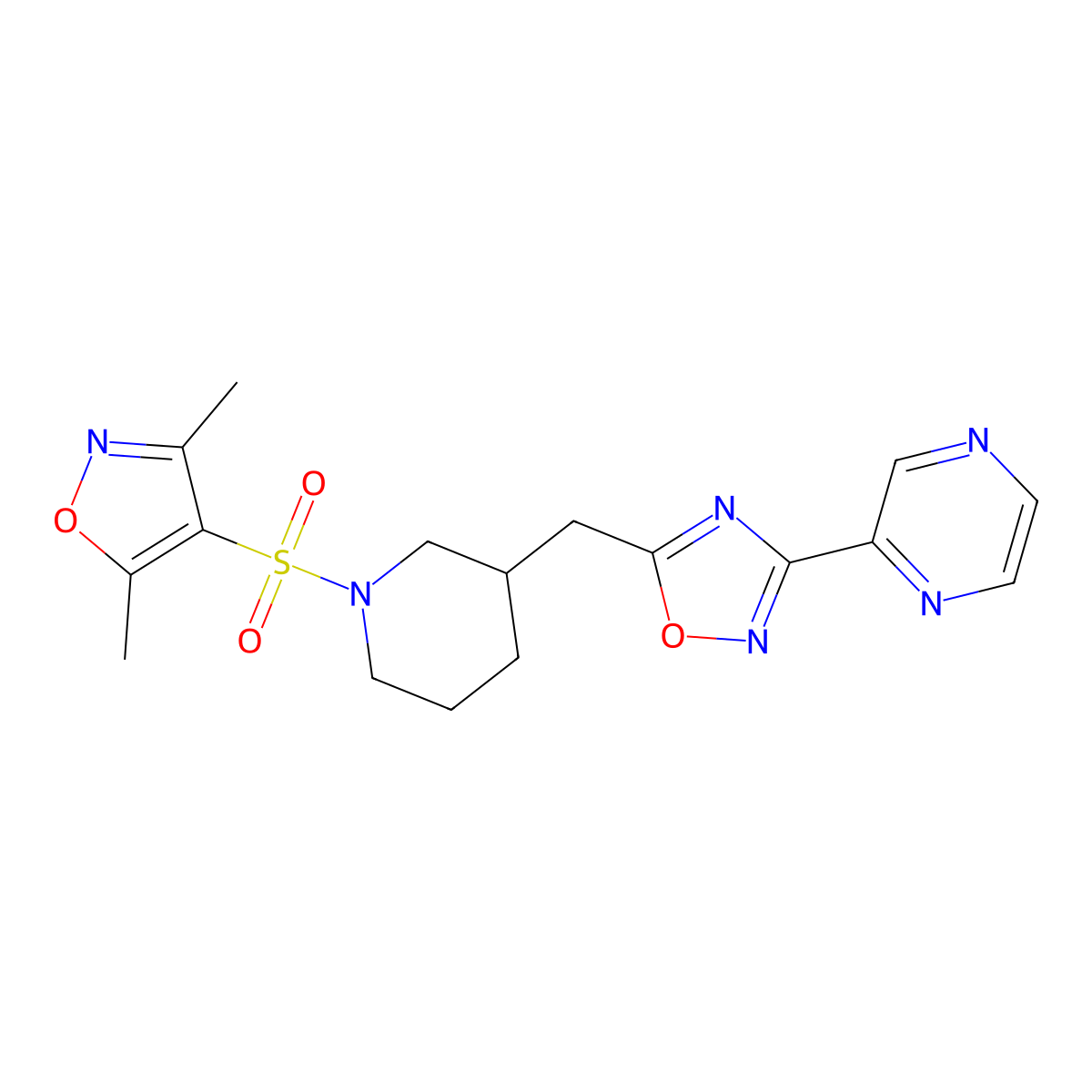5-((1-((3,5-Dimethylisoxazol-4-yl)sulfonyl)piperidin-3-yl)methyl)-3-(pyrazin-2-yl)-1,2,4-oxadiazole molecular structure, CAS 1706106-34-4