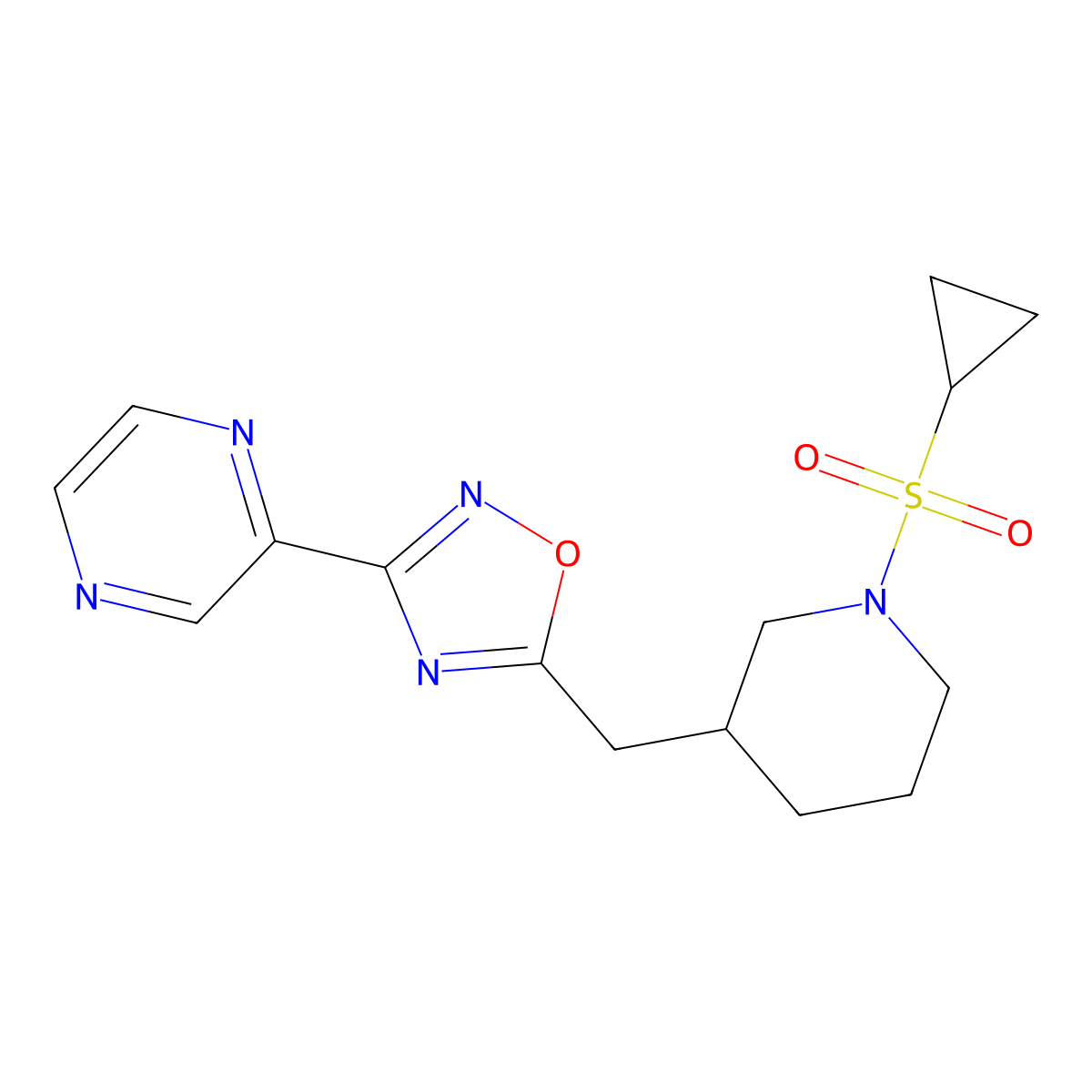 5-((1-(Cyclopropylsulfonyl)piperidin-3-yl)methyl)-3-(pyrazin-2-yl)-1,2,4-oxadiazole molecular structure, CAS 1706106-40-2