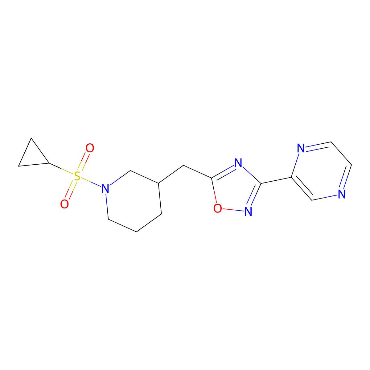5-((1-(Cyclopropylsulfonyl)piperidin-3-yl)methyl)-3-(pyrazin-2-yl)-1,2,4-oxadiazole molecular structure, CAS 1706106-40-2