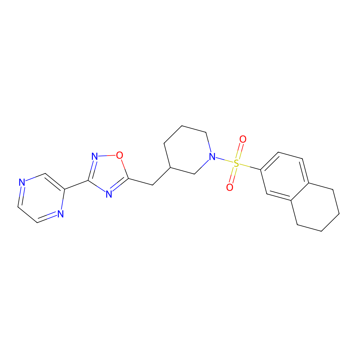 3-(Pyrazin-2-yl)-5-((1-((5,6,7,8-tetrahydronaphthalen-2-yl)sulfonyl)piperidin-3-yl)methyl)-1,2,4-oxadiazole molecular structure, CAS 1706106-46-8