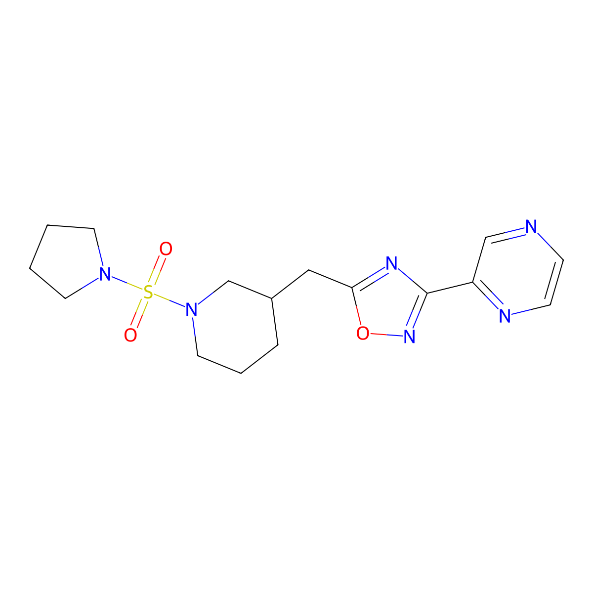 3-(Pyrazin-2-yl)-5-((1-(pyrrolidin-1-ylsulfonyl)piperidin-3-yl)methyl)-1,2,4-oxadiazole molecular structure, CAS 1706106-56-0