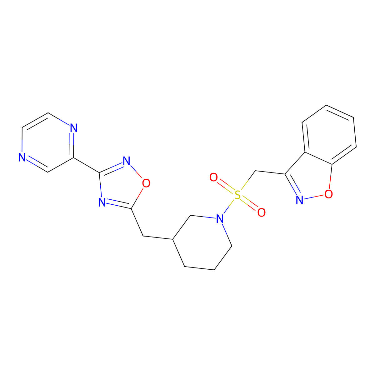 3-(((3-((3-(Pyrazin-2-yl)-1,2,4-oxadiazol-5-yl)methyl)piperidin-1-yl)sulfonyl)methyl)benzo[d]isoxazole molecular structure, CAS 1706106-63-9