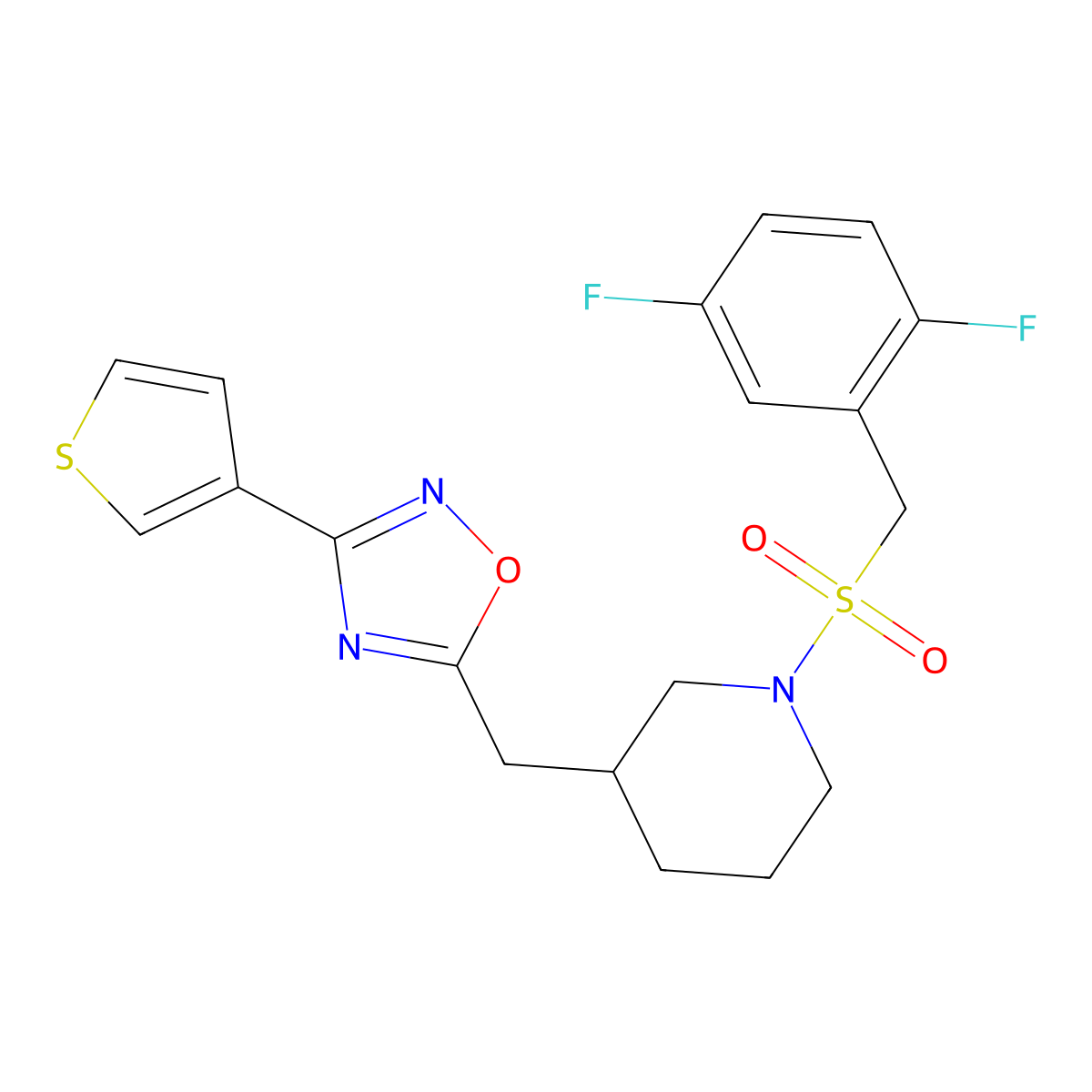 5-((1-((2,5-Difluorobenzyl)sulfonyl)piperidin-3-yl)methyl)-3-(thiophen-3-yl)-1,2,4-oxadiazole molecular structure, CAS 1706106-79-7