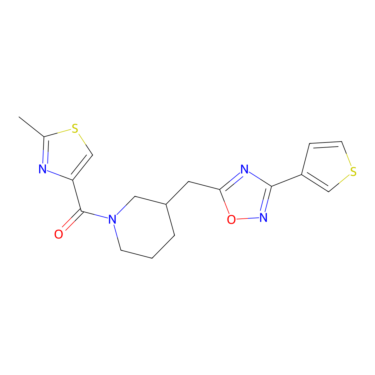 (2-Methylthiazol-4-yl)(3-((3-(thiophen-3-yl)-1,2,4-oxadiazol-5-yl)methyl)piperidin-1-yl)methanone molecular structure, CAS 1706106-85-5