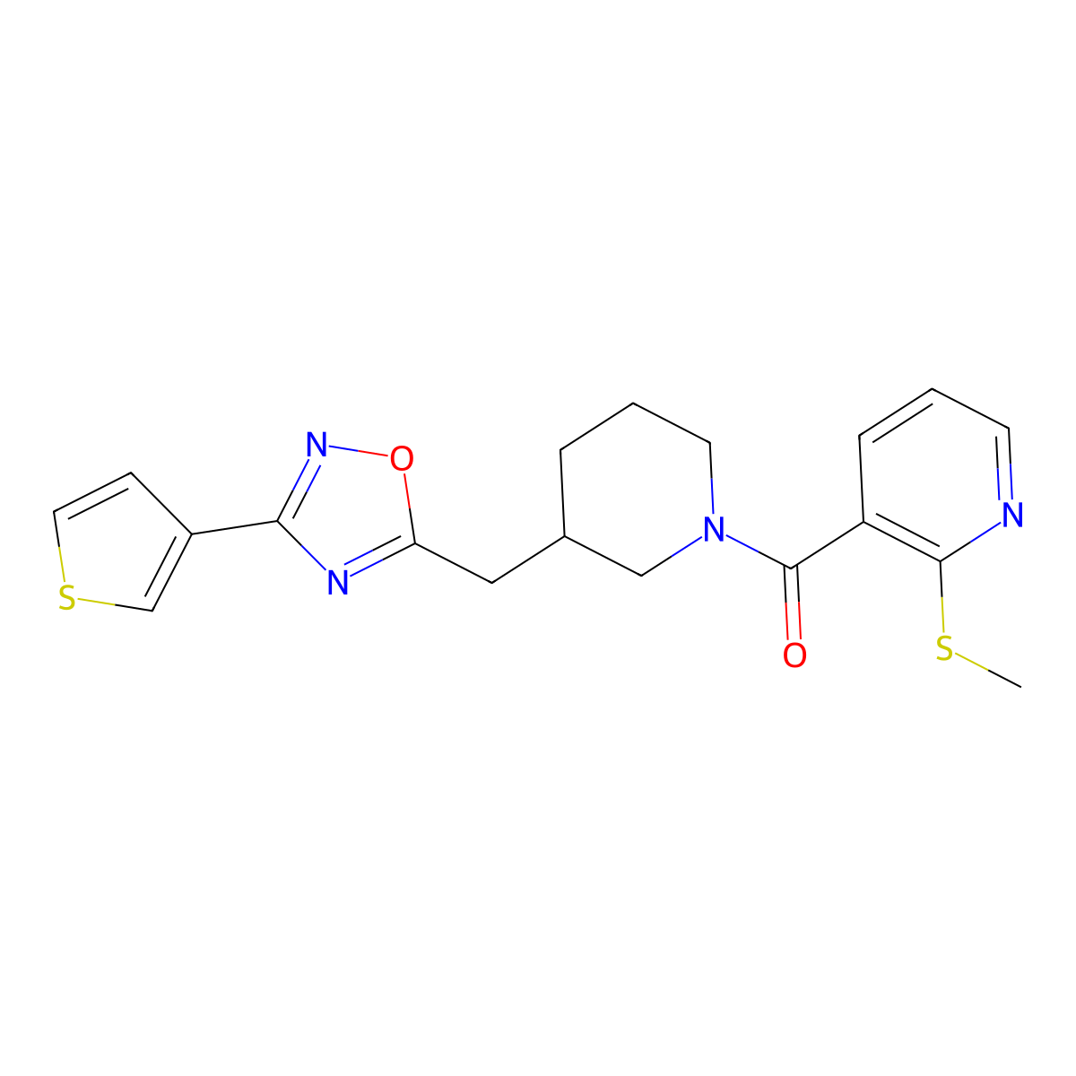 (2-(Methylthio)pyridin-3-yl)(3-((3-(thiophen-3-yl)-1,2,4-oxadiazol-5-yl)methyl)piperidin-1-yl)methanone molecular structure, CAS 1706107-44-9