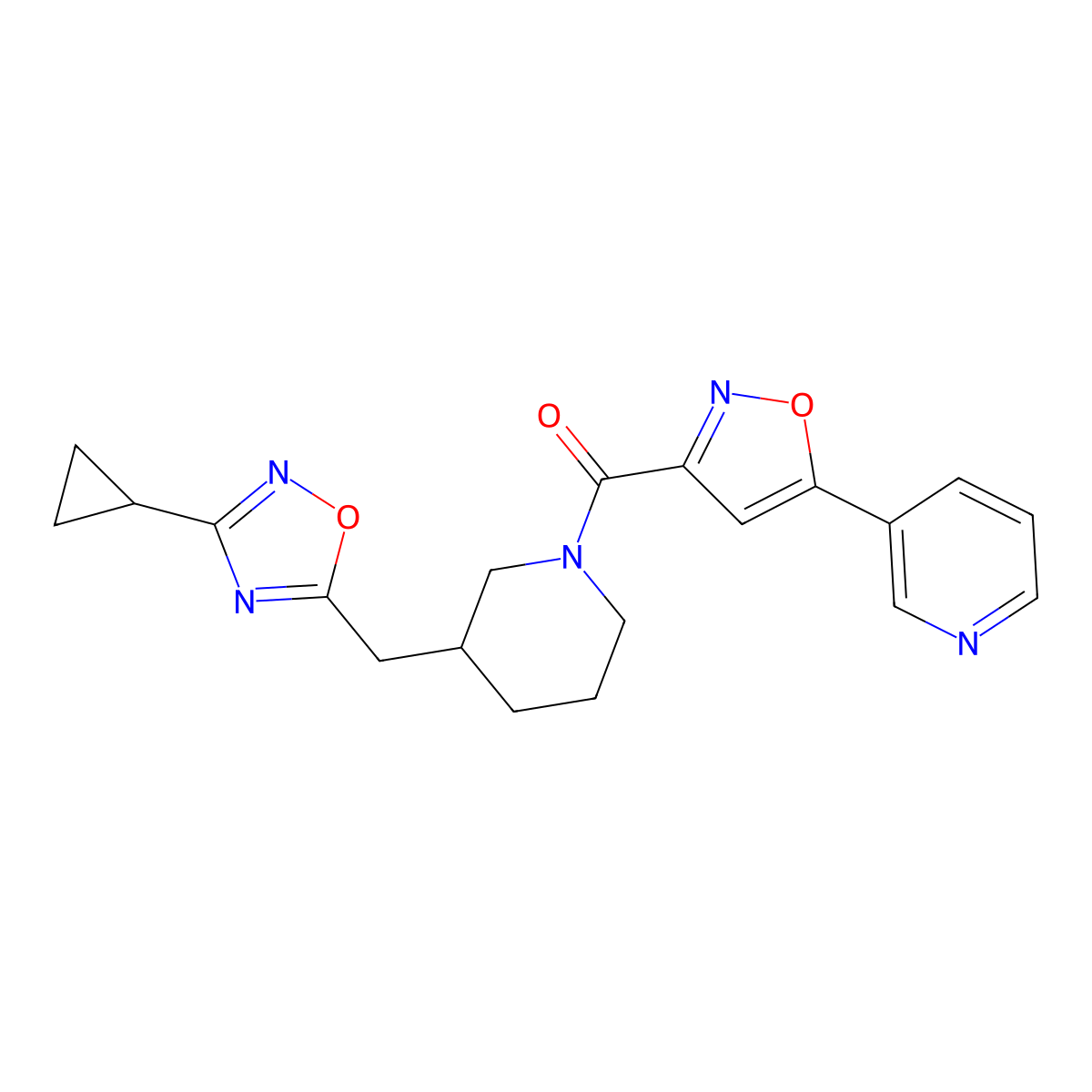 (3-((3-Cyclopropyl-1,2,4-oxadiazol-5-yl)methyl)piperidin-1-yl)(5-(pyridin-3-yl)isoxazol-3-yl)methanone molecular structure, CAS 1706111-26-3