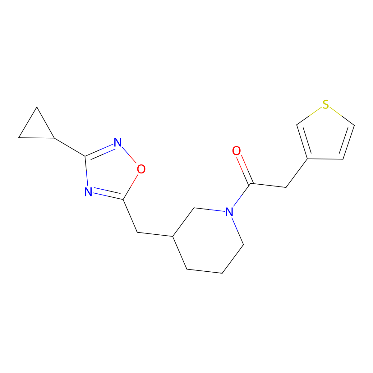 1-(3-((3-Cyclopropyl-1,2,4-oxadiazol-5-yl)methyl)piperidin-1-yl)-2-(thiophen-3-yl)ethanone molecular structure, CAS 1706111-40-1