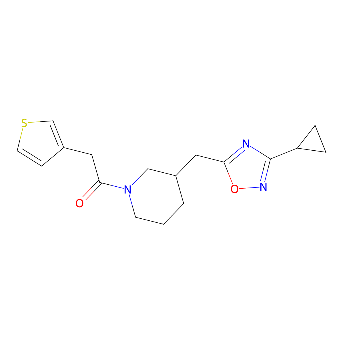 1-(3-((3-Cyclopropyl-1,2,4-oxadiazol-5-yl)methyl)piperidin-1-yl)-2-(thiophen-3-yl)ethanone molecular structure, CAS 1706111-40-1
