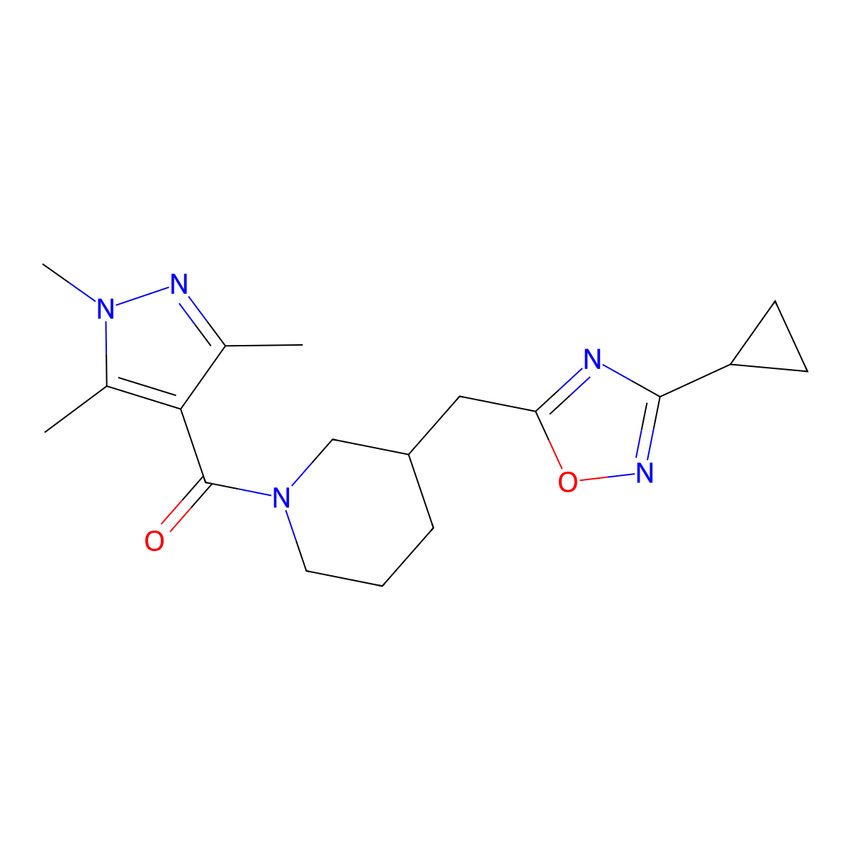 (3-((3-cyclopropyl-1,2,4-oxadiazol-5-yl)methyl)piperidin-1-yl)(1,3,5-trimethyl-1H-pyrazol-4-yl)methanone molecular structure, CAS 1706111-47-8