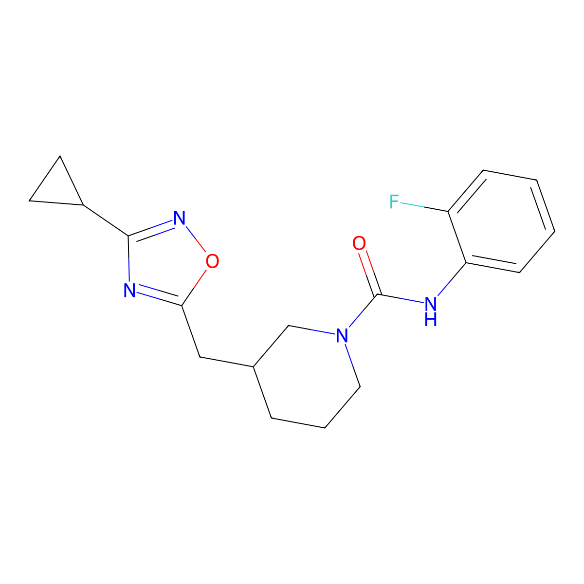 3-[(3-cyclopropyl-1,2,4-oxadiazol-5-yl)methyl]-N-(2-fluorophenyl)piperidine-1-carboxamide molecular structure, CAS 1706111-59-2