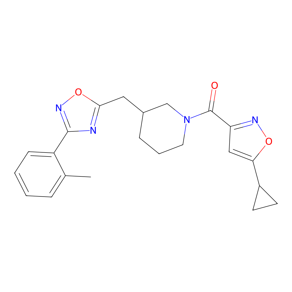 (5-Cyclopropylisoxazol-3-yl)(3-((3-(o-tolyl)-1,2,4-oxadiazol-5-yl)methyl)piperidin-1-yl)methanone molecular structure, CAS 1706112-90-4