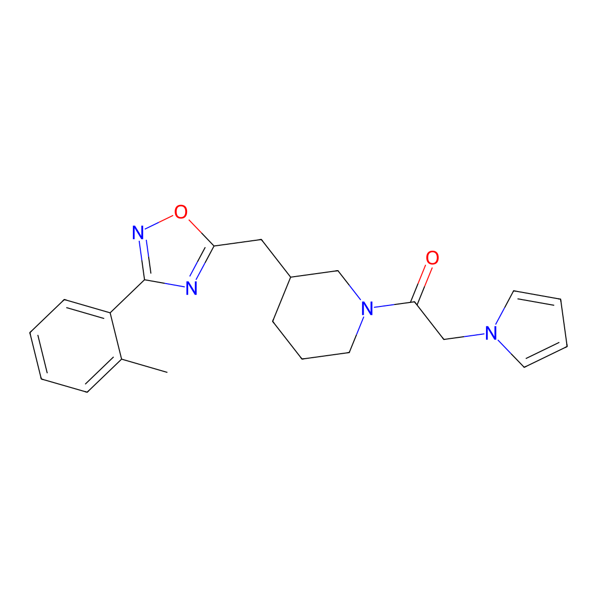 2-(1H-pyrrol-1-yl)-1-(3-((3-(o-tolyl)-1,2,4-oxadiazol-5-yl)methyl)piperidin-1-yl)ethanone molecular structure, CAS 1706112-96-0