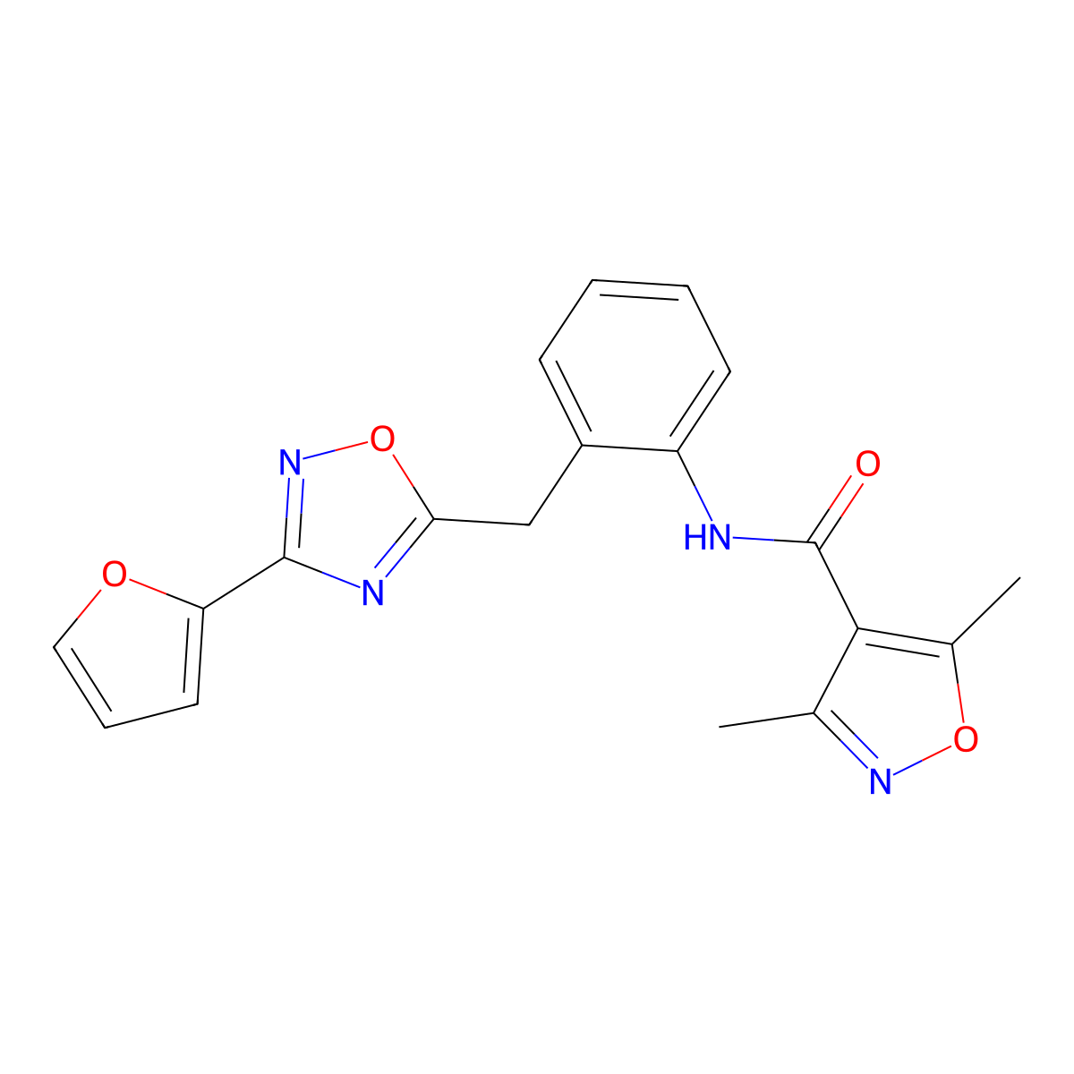 N-(2-((3-(furan-2-yl)-1,2,4-oxadiazol-5-yl)methyl)phenyl)-3,5-dimethylisoxazole-4-carboxamide molecular structure, CAS 1706114-35-3