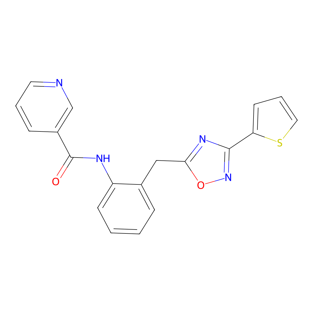N-(2-((3-(thiophen-2-yl)-1,2,4-oxadiazol-5-yl)methyl)phenyl)nicotinamide molecular structure, CAS 1706120-93-5