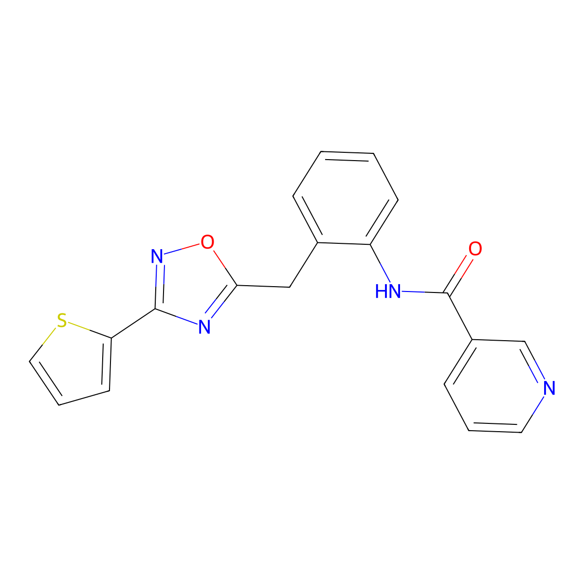 N-(2-((3-(thiophen-2-yl)-1,2,4-oxadiazol-5-yl)methyl)phenyl)nicotinamide molecular structure, CAS 1706120-93-5