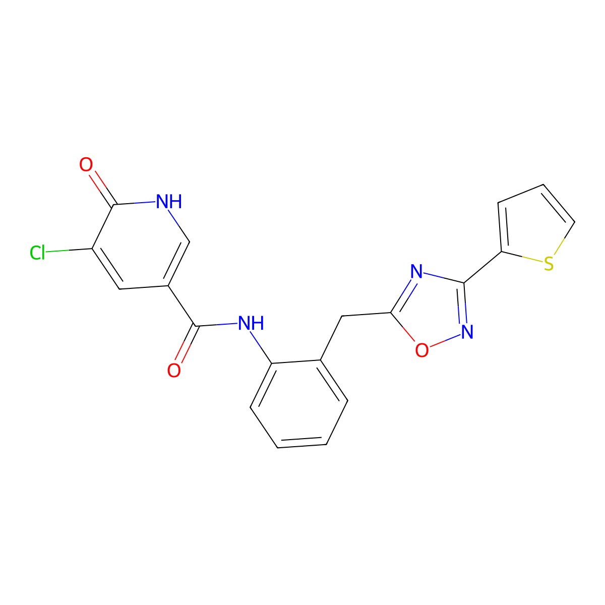 5-chloro-6-hydroxy-N-(2-((3-(thiophen-2-yl)-1,2,4-oxadiazol-5-yl)methyl)phenyl)nicotinamide molecular structure, CAS 1706121-39-2