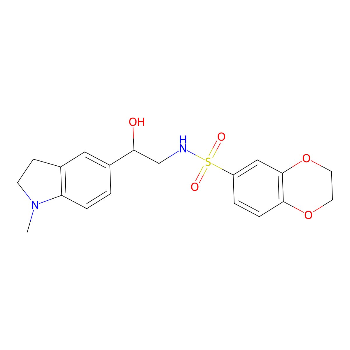 N-(2-hydroxy-2-(1-methylindolin-5-yl)ethyl)-2,3-dihydrobenzo[b][1,4]dioxine-6-sulfonamide molecular structure, CAS 1706131-67-0