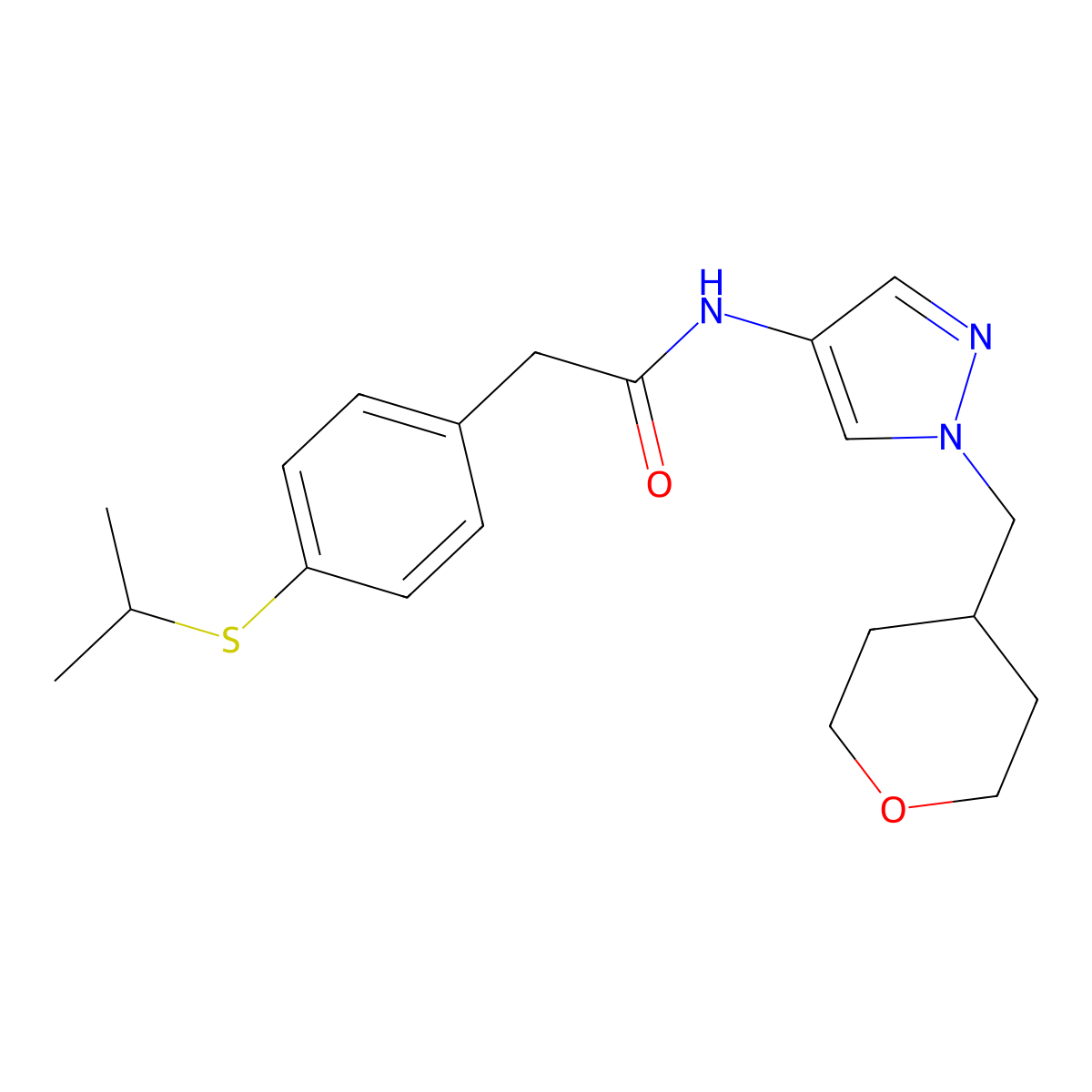 2-(4-(isopropylthio)phenyl)-N-(1-((tetrahydro-2H-pyran-4-yl)methyl)-1H-pyrazol-4-yl)acetamide molecular structure, CAS 1706152-01-3