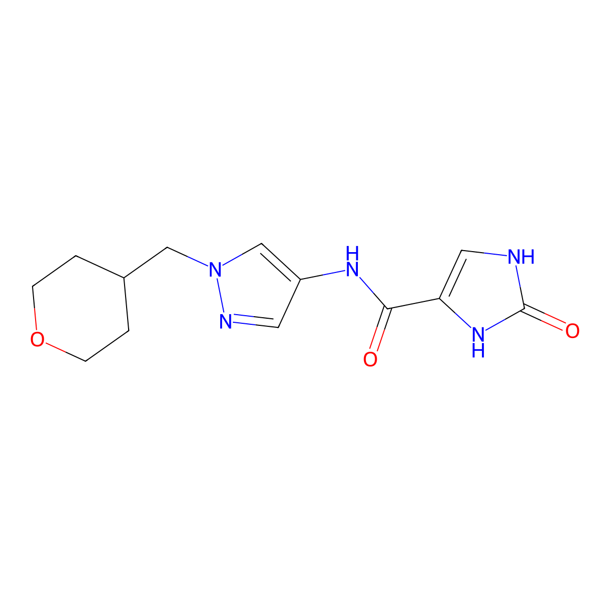 2-oxo-N-(1-((tetrahydro-2H-pyran-4-yl)methyl)-1H-pyrazol-4-yl)-2,3-dihydro-1H-imidazole-4-carboxamide molecular structure, CAS 1706152-12-6