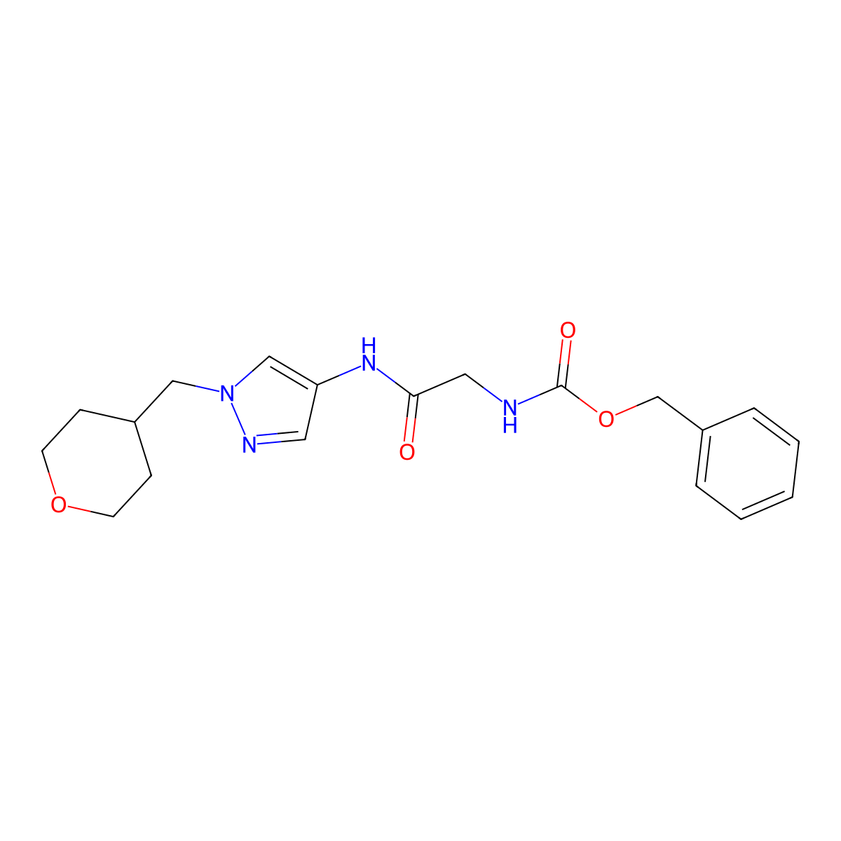 benzyl (2-oxo-2-((1-((tetrahydro-2H-pyran-4-yl)methyl)-1H-pyrazol-4-yl)amino)ethyl)carbamate molecular structure, CAS 1706152-20-6