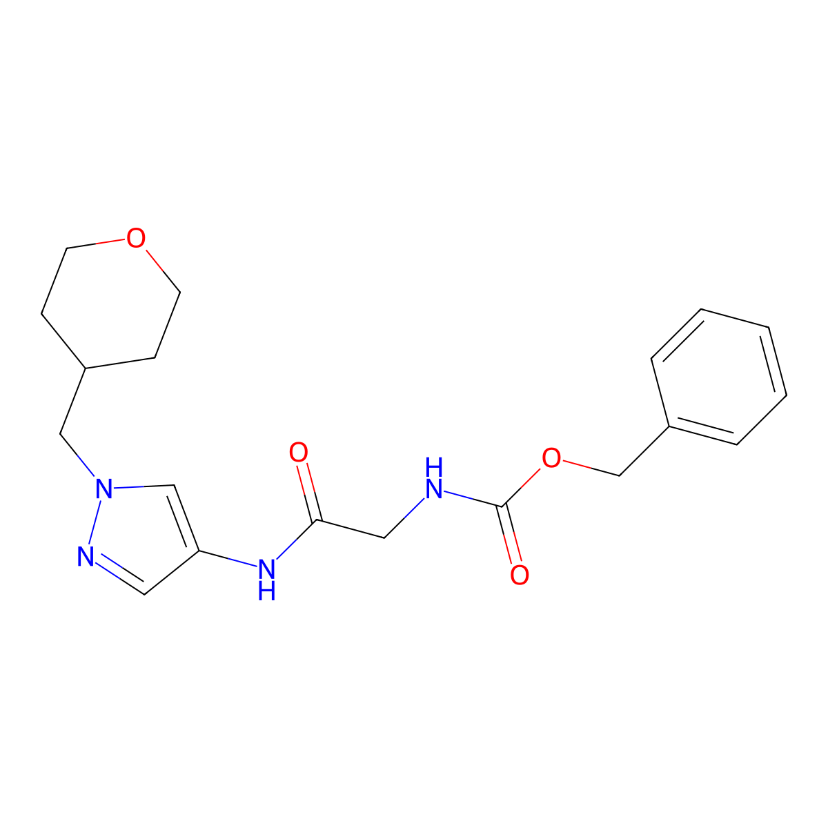 benzyl (2-oxo-2-((1-((tetrahydro-2H-pyran-4-yl)methyl)-1H-pyrazol-4-yl)amino)ethyl)carbamate molecular structure, CAS 1706152-20-6
