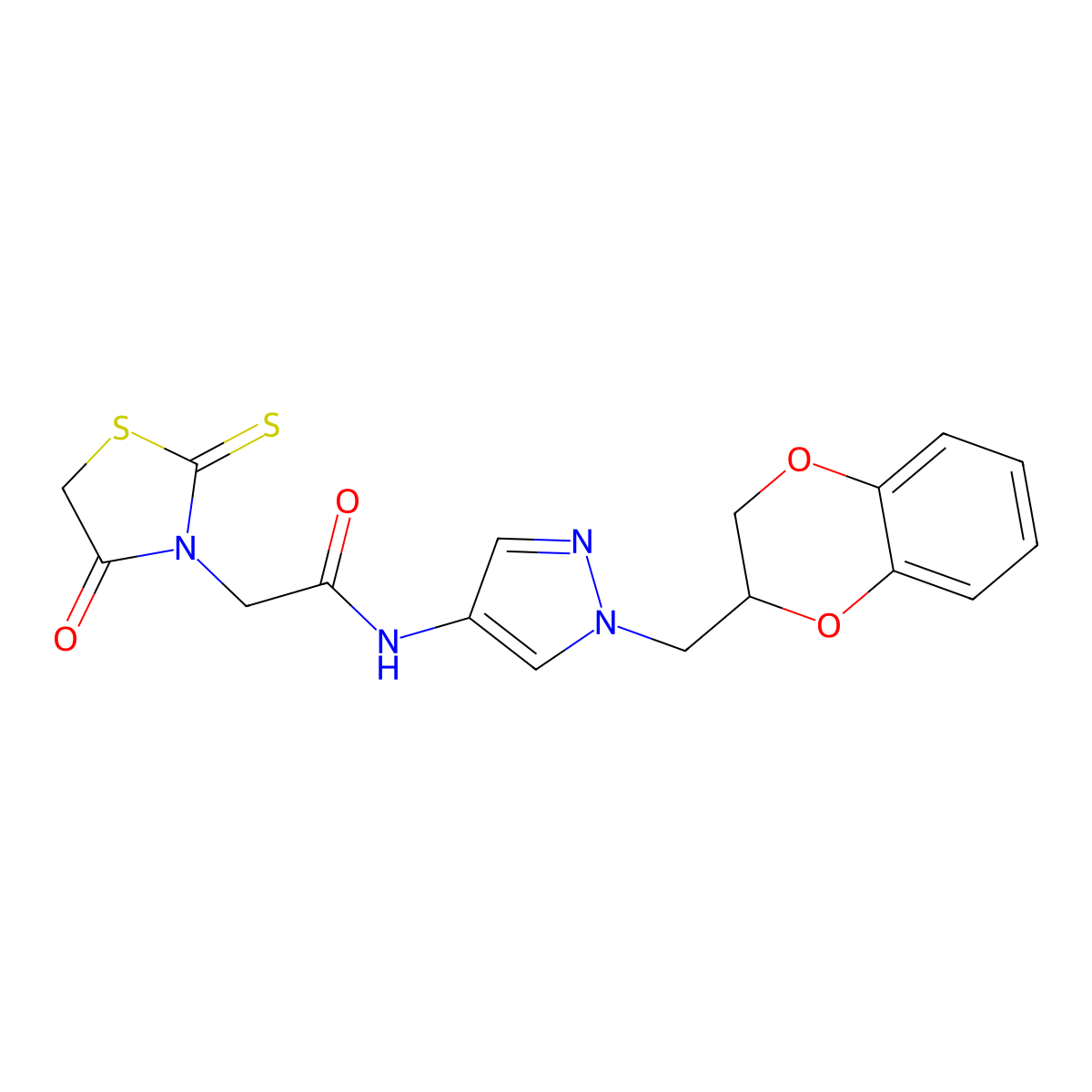N-(1-((2,3-dihydrobenzo[b][1,4]dioxin-2-yl)methyl)-1H-pyrazol-4-yl)-2-(4-oxo-2-thioxothiazolidin-3-yl)acetamide molecular structure, CAS 1706152-46-6